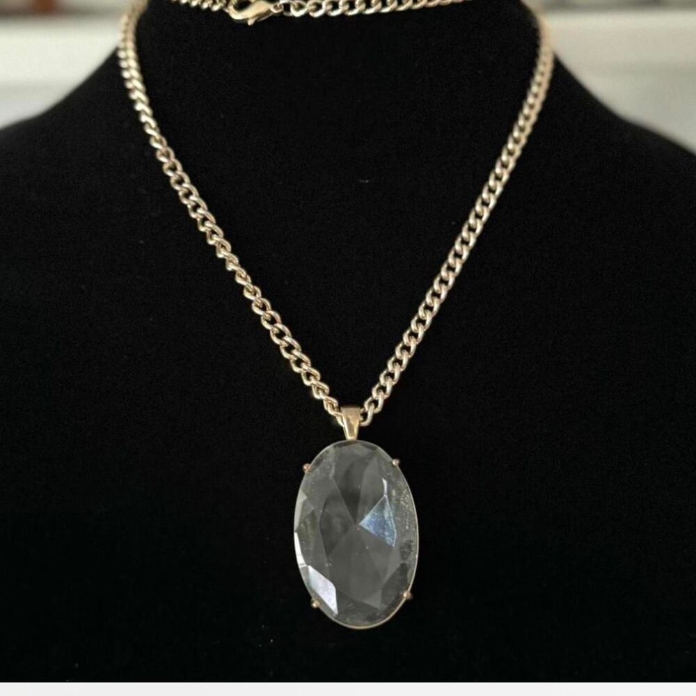 Vintage Gold Tone Necklace with Large Faceted Glass Crystal Pendant